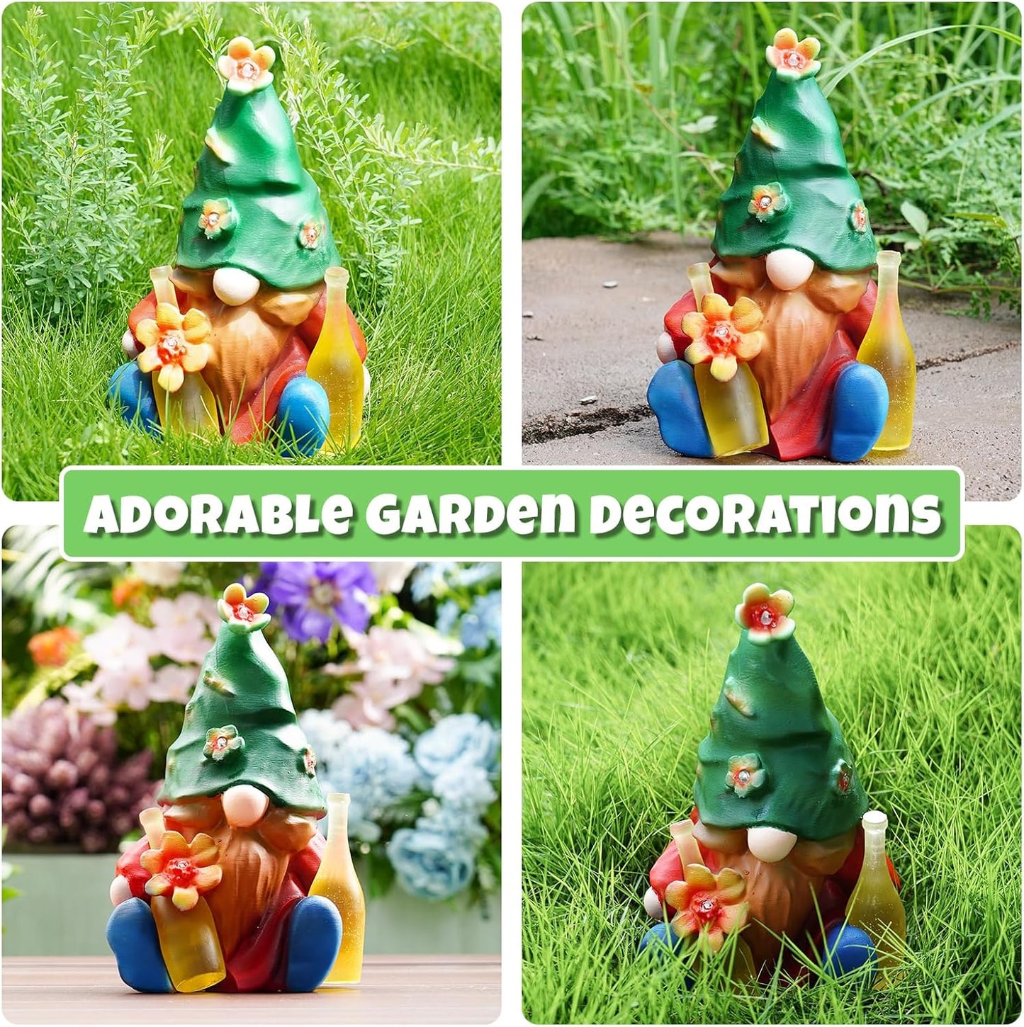 Solar Garden Statues Lights, 8.5" Cute Outdoor Gnome Figurine with Auto On/Off for Yard Patio Decor, Gifts for Women, Grandma, Mom, Housewarming (Tipsy Bloom Gnome)