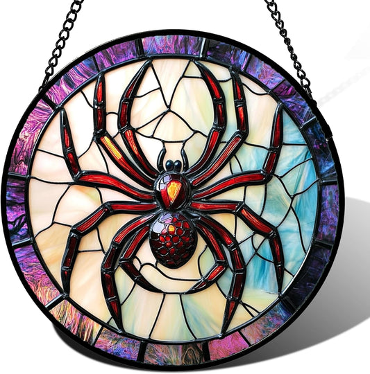 Stained Glass Window Hanging - Halloween Decorations Red Spider Goth Suncatcher for Doors Garden