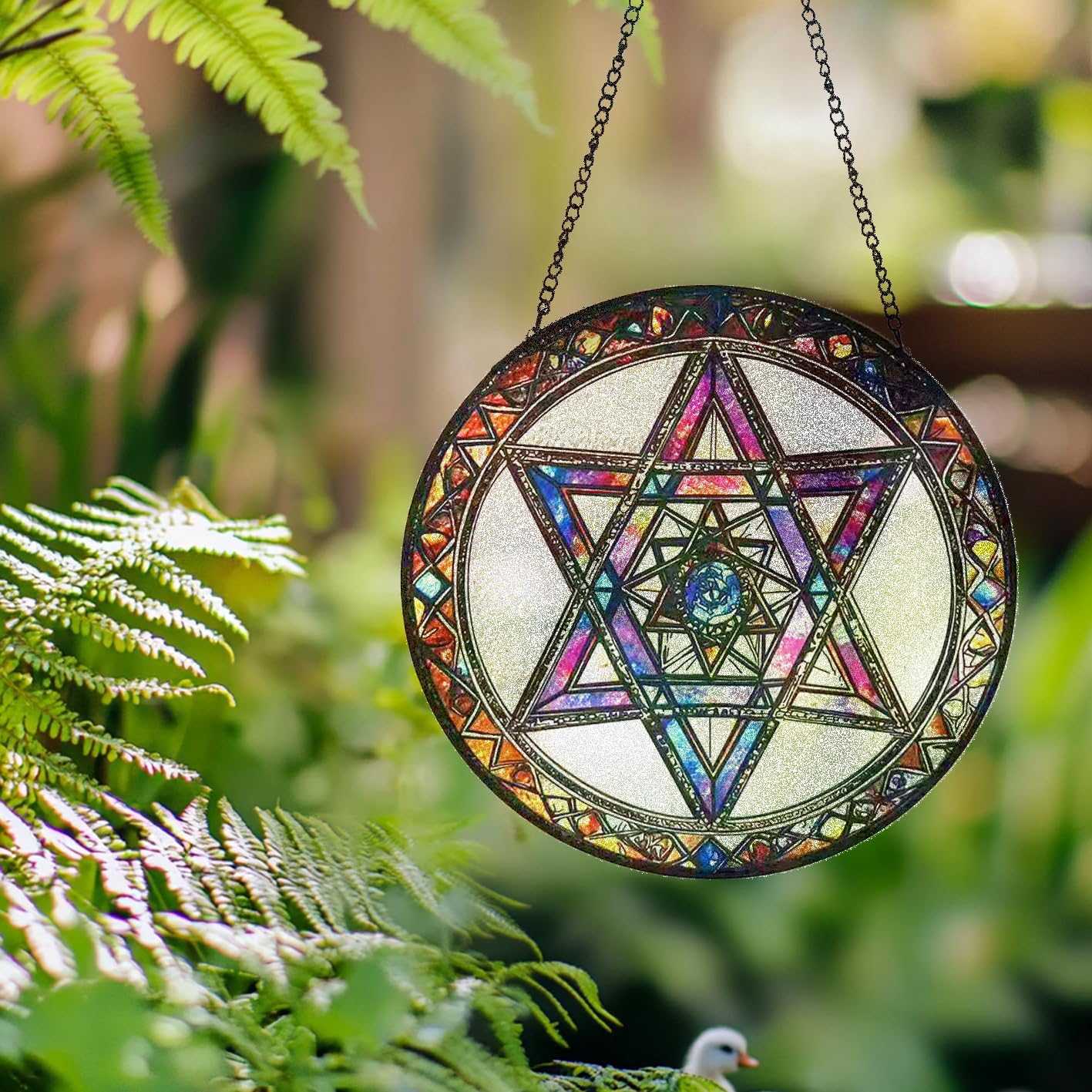 Star of David Suncatcher Stained Glass Window Hanging - 9.84inch Hand-Painted Sun Catcher Garden Hanging Decoration with Metal Chain Outdoor Garden Decor Gift for Women