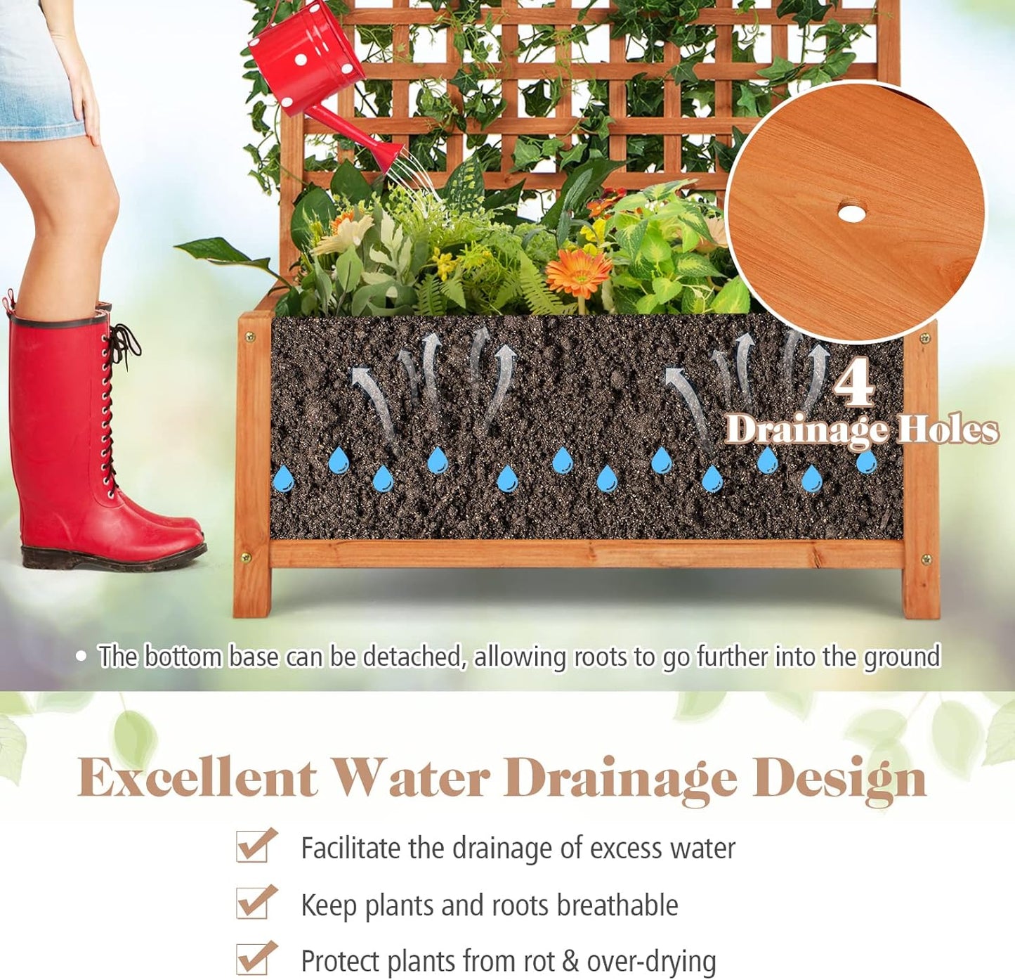 S AFSTAR Raised Garden Bed with Trellis, Wood Elevated Planter Box with Hanging Roof & Climbing Trellis, 4 Drainage Holes, 72.5" Tall Freestanding Planter Container for Vine Climbing Plants Flowers