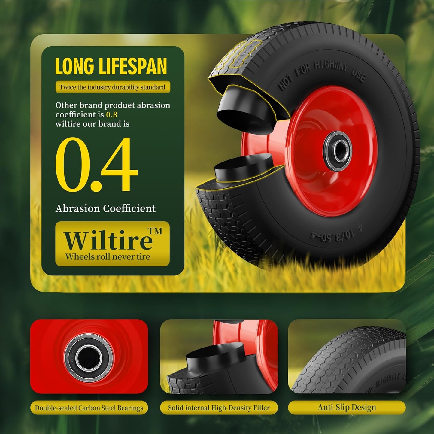 (2 Pack) 4.10/3.50-4 Flat Free Tire and Wheel 10-Inch Solid Wheel Replacement with 5/8 Extra 3/4 &1/2 Bearings,2.2" Offset Hub -Compatible with Hand Truck,Wheelbarrow(Wave,Red)