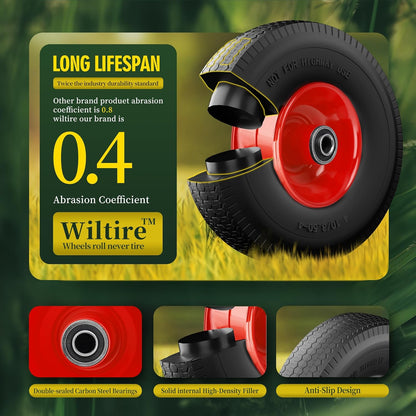 (2 Pack) 4.10/3.50-4 Flat Free Tire and Wheel 10-Inch Solid Wheel Replacement with 5/8 Extra 3/4 &1/2 Bearings,2.2" Offset Hub -Compatible with Hand Truck,Wheelbarrow(Wave,Red)