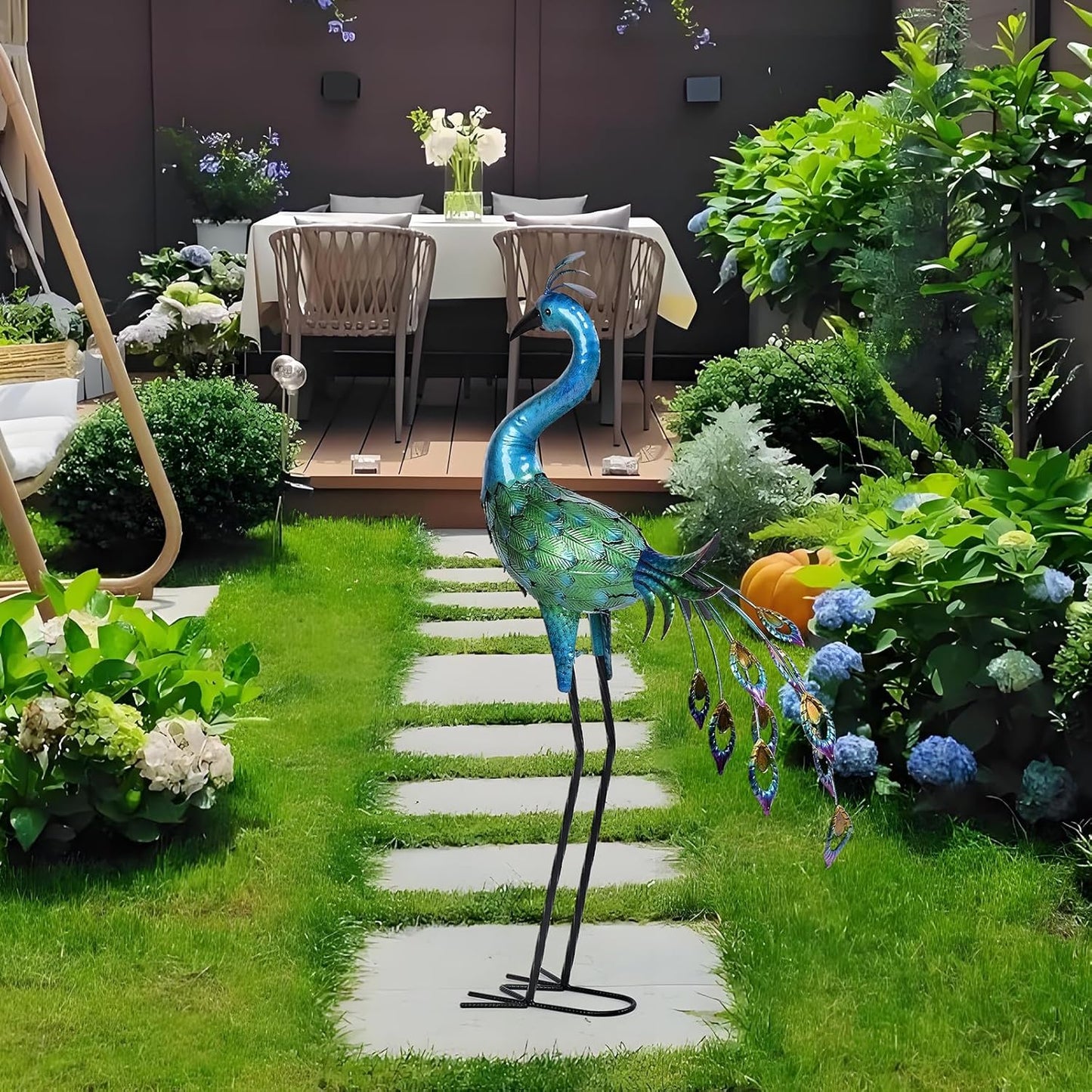 Metal Peacock Statue Yard Decor - Large Iron Peacock 34", Standing Bird Garden Sculptures, Metal Birds Yard Art Outdoor Statues, Outdoor Backyard Decor, Patio, Porch, Lawn Ornament Garden Decoration