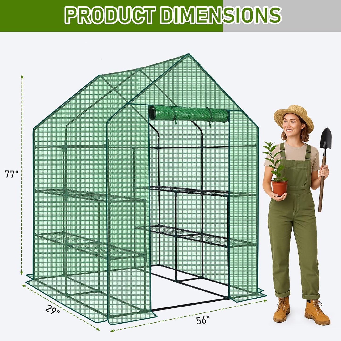 Outvita Walk-in Greenhouse, Outdoor Durable PE Plant Green House for Frost Protection with 3 Tiers 8 Shelves, Shelf Clips, Roll-up Zipper Door, 56"x56"x77" Green