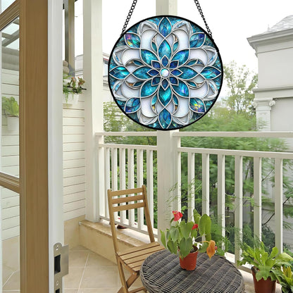 Stained Glass Window Hanging - Blue White Abstract Flowers Suncatcher for Door Terrace Garden Home Decor Boho Sun Catcher Birthday Gifts for Lovers Women Men Dad Mom Nana 15 in