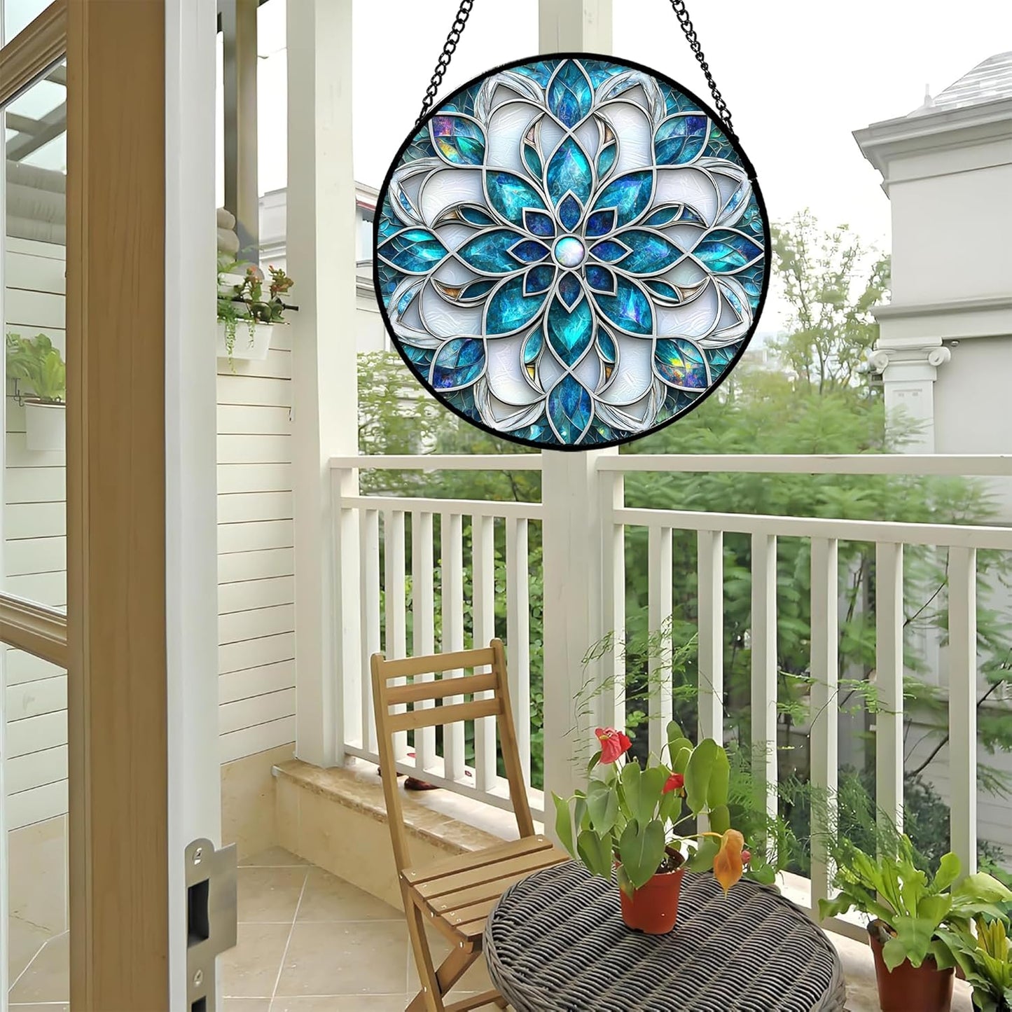 Stained Glass Window Hanging - Blue White Abstract Flowers Suncatcher for Door Terrace Garden Home Decor Boho Sun Catcher Birthday Gifts for Lovers Women Men Dad Mom Nana 9.8 in
