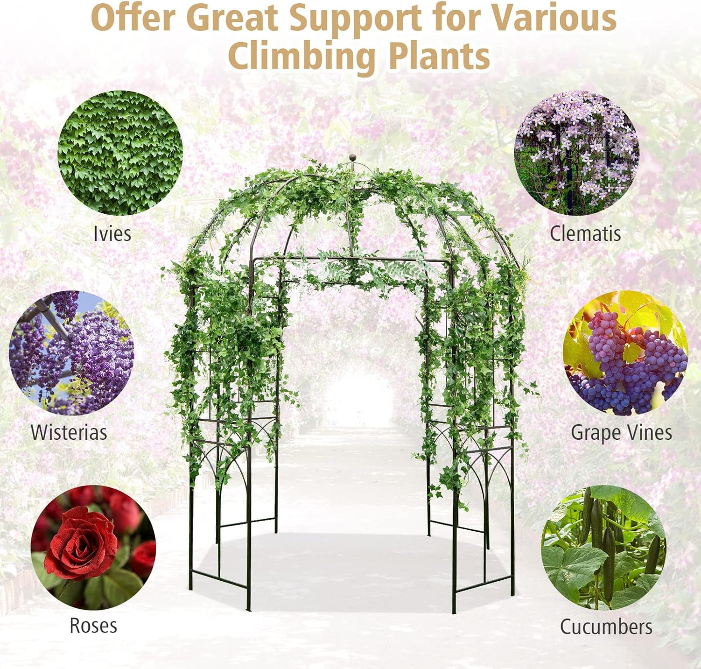 LDAILY Garden Arches Arbors Birdcage Shape, 8.4' H x 7' W Metal Pergola Pavilion with 16 Ground Stakes, French Arch Trellis for Wedding, Party & Outdoor Gardens Supports for Climbing Plants, Brown