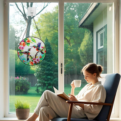 Suncatcher Hummingbird Stained Glass Window Hanging, 7.87" Round Sun Catcher for Wall & Window Decor, Vibrant Stained Glass Art Panel,Unique Ideal Housewarming Gifts for Bird Lovers