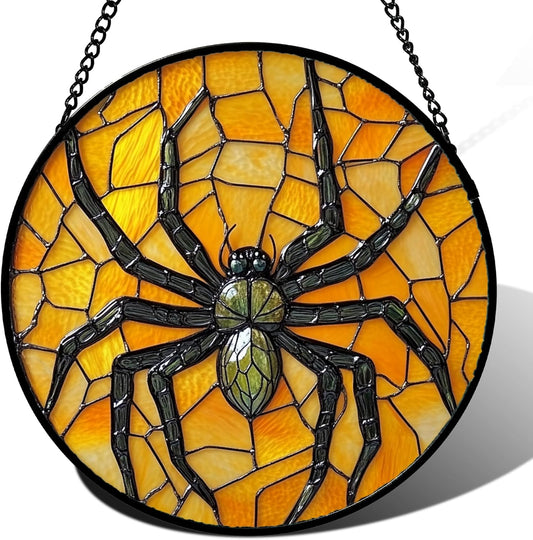 Stained Glass Window Hanging - Halloween Decorations Black Spider Suncatcher for Doors Garden