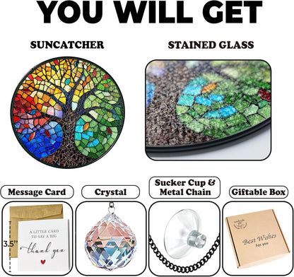 7.8" Tree of Life Stained Glass Suncatcher, Colorful Tree Sun Catcher Window Hanging Ornament, Glass Panel Decor for Home Garden Housewarming, Spiritual Birthday Gifts for Mom Women Girl ART-58E-SG8