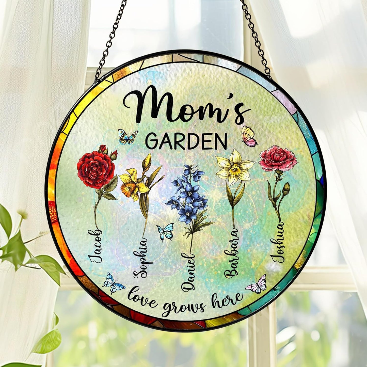 NAZENTI Personalized Grandma's Garden Stained Glass Suncatcher with Birth Month Flowers, Custom Mom's Garden Window Hanging Ornament, Mothers Day Grandma Mom Gifts, Gifts for Nana Mimi