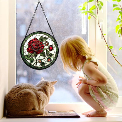 Stained Glass Window Hanging, Red Rose Gemstone Green Sun Catchers Diamond Glass Panel Hangings Suncatcher Decor for Birthday for Women, Men, Wife, Aunt, and Mom 7.8 in