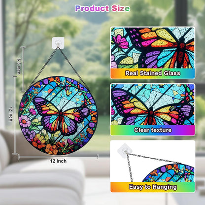 Stained Glass Window Hanging - Butterfly Suncatchers for Indoor Windows, Butterfly Stained Glass Decor for Home, Garden, Cottage, Sun Catcher Gift for Women (12 Inch)
