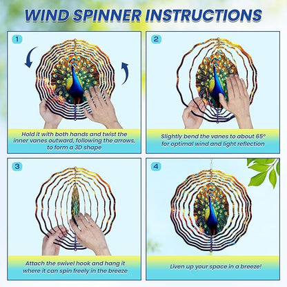 FLAGWIX Christmas Peacock Wind Spinners Outdoor - 3D Stainless Steel Metal Wind Spinners 12 in - Gardening Gifts for Women, Peacock Yard Outdoor Home Garden Decor for Outside