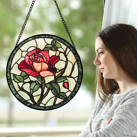 Stained Glass Window Hanging, Red Rose Flowers Sun Catcher for Door Garden Home Decor Suncatcher