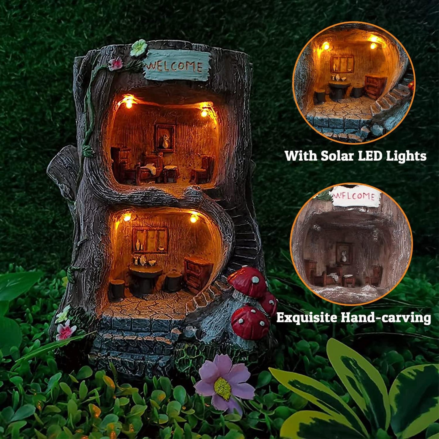 QWEWQE Tree House Solar Statue Outdoor Garden Statue with Solar Lights Fairy Tree House Indoor Outdoor Art Decoration Sculpture Lawn Ornaments for Patio Yard Outside Decorations