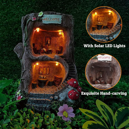 QWEWQE Tree House Solar Statue Outdoor Garden Statue with Solar Lights Fairy Tree House Indoor Outdoor Art Decoration Sculpture Lawn Ornaments for Patio Yard Outside Decorations