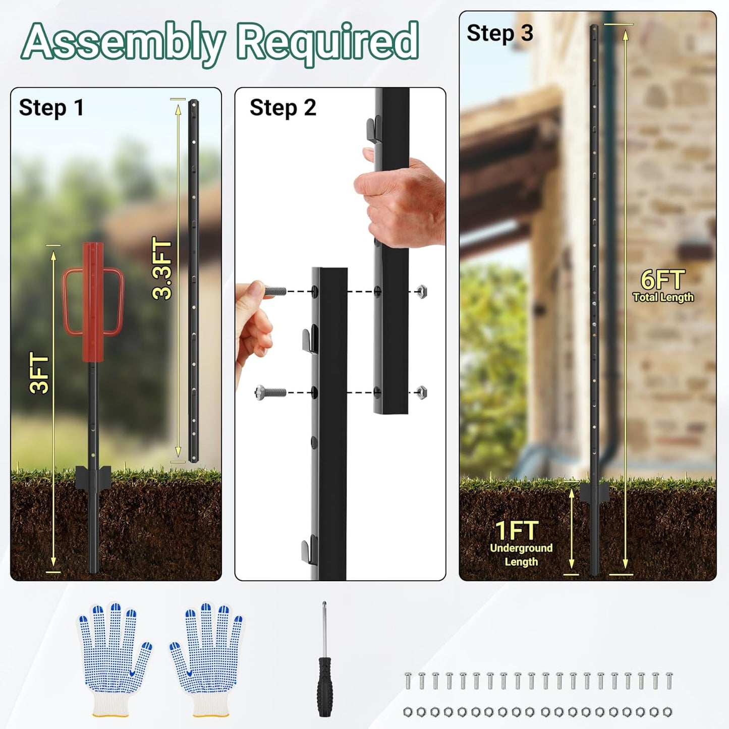 Fence Posts 6 Ft - 8 Pack, Requires Manual Assembly, Heavy Duty Metal Fence Post, No Dig U Post for Farm, Garden, Orchard and Outdoor Wire Fencing (Black)