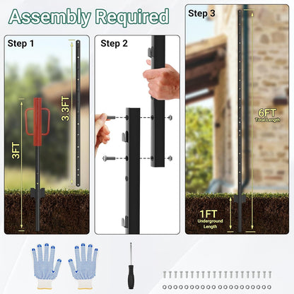 Fence Posts 6 Ft - 8 Pack, Requires Manual Assembly, Heavy Duty Metal Fence Post, No Dig U Post for Farm, Garden, Orchard and Outdoor Wire Fencing (Black)