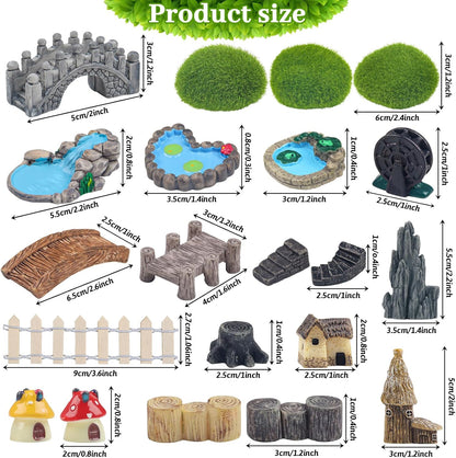 21 Pcs Fairy Garden Miniatures Accessories Bridge House Landscape Water Well Fence Figurines Pond Mushroom Lawn Garden Ornament for DIY Craft Succulent Decor