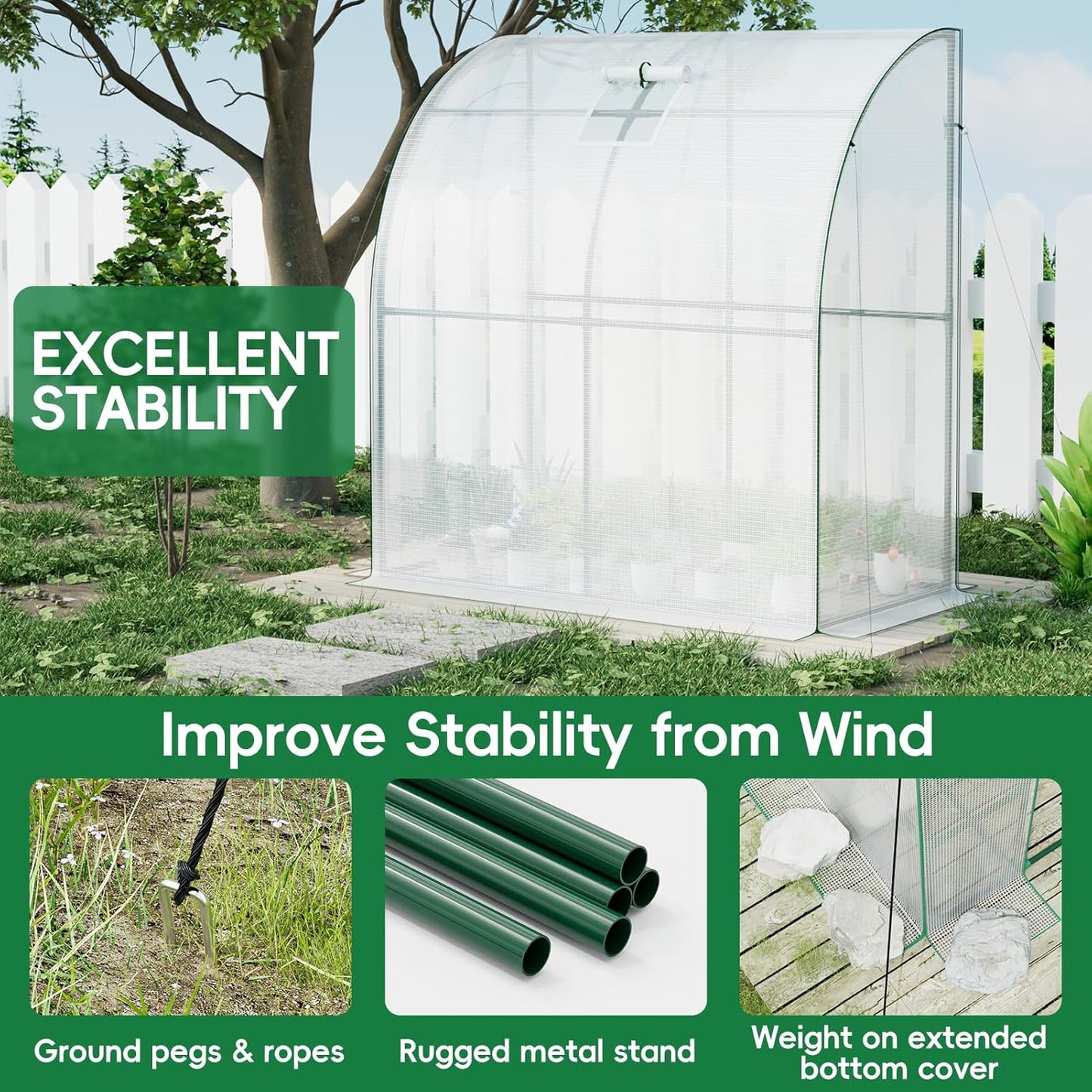 SPECILITE 79” x 40” x 83” Lean to Greenhouse for Outdoors, Portable Walk-in Plant Green House with 1 Roll-up Zipper Door and Mesh Window, Reinforced Steel Frame with PE Cover, Anchor and Ropes, White