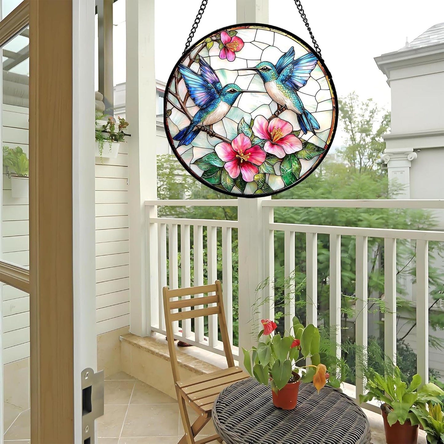 Stained Glass Window Hanging - Blue White Hummingbirds Pink Flowers Suncatcher for Door Terrace Garden Home Decor Bird Sun Catcher Birthday Gifts for Lovers Women Men Dad Mom Nana 7.8 in