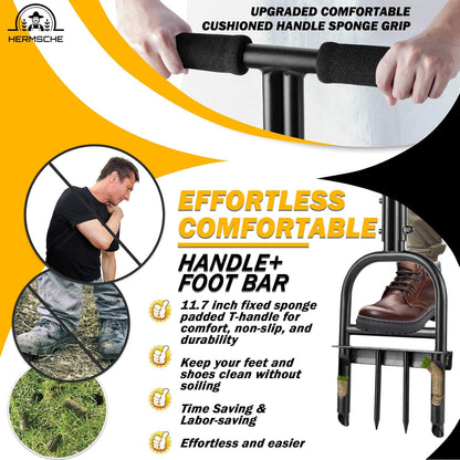 Lawn Aerator Coring Tool, Manual Plug Core Aerators with Cleaning Stick, 2 Half-Open Hollow Slot Tines and 2 Spike Heavy Duty Grass Aeration Tool for Soils Yard Garden