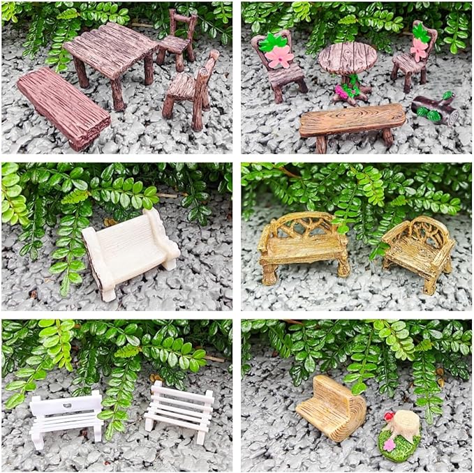 Miniature Garden Furniture Set - 14-Piece Resin Miniature Table and Chairs Set for Outdoor Decor, Adult DIY Craft Gift & Micro Landscape Decor Accessories (Village)