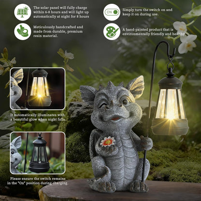Garden Figurines Dragon Statue Decorations - Solar ResinDragon with Solar Garden Lights Outdoor Decorations for Patio,Yard,Lawn,