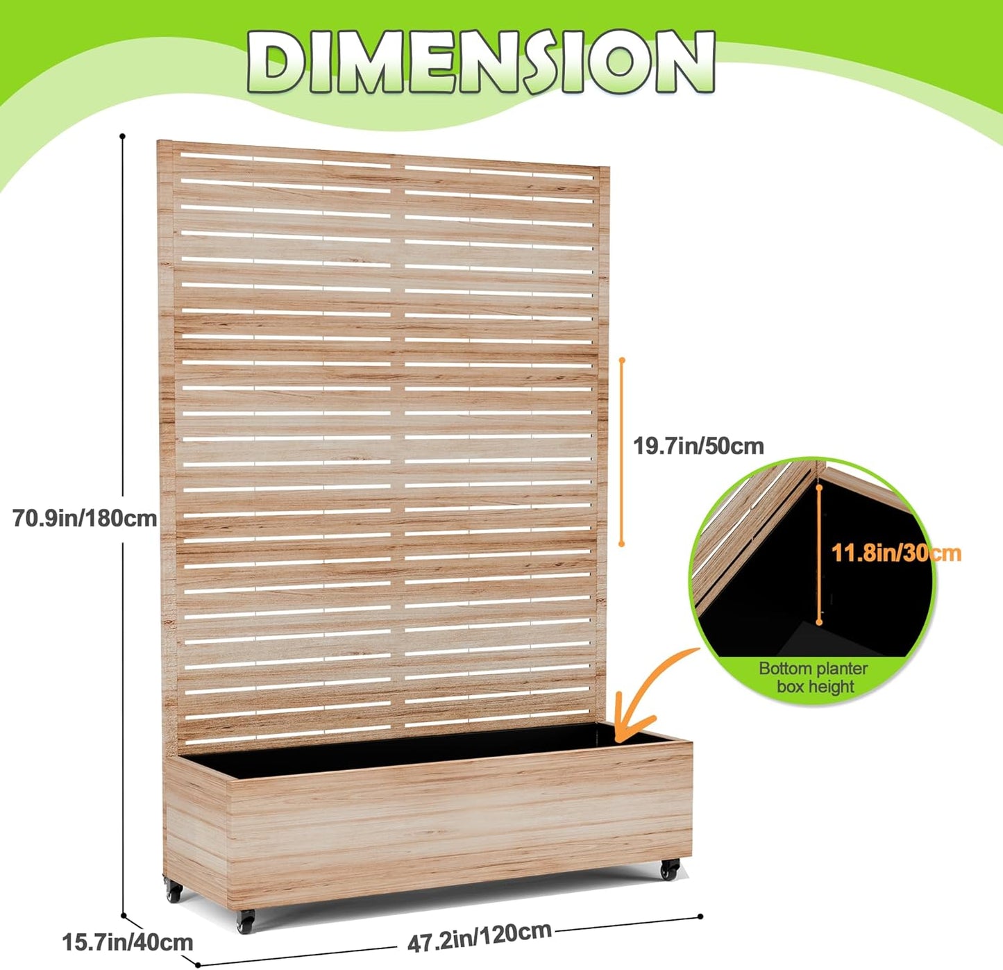15.7"×70.9"×47.2" Metal Raised Garden Bed with Trellis and Wheels - Tall Trellis Planter Box for Climbing Plants, Vegetables & Vines - Outdoor Privacy Planters for Patio (Acacia Wood Grain)
