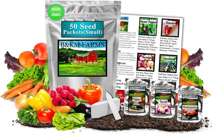 B&KM Farms 7,500+ Survival Seed Kit 5+ Year Supply. 50 Fruit & Vegetable Non-GMO Heirloom Seeds for Planting a Home Garden. (1, Small)