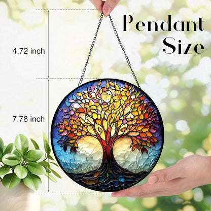 Colorful Tree of Life Suncatcher -7.9 in Stained Glass Window Hanging Sun Catcher Garden Decor