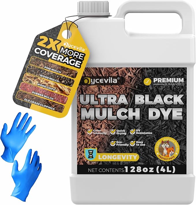 128oz Concentrated Ultra Black Mulch Dye with Gloves, Liquid Rubber Dye Spray Covers up to 14,400 Sq. Ft, Long-Lasting Finish Black Bark Paint for Mulch Restoration and Enhancement Landscaping
