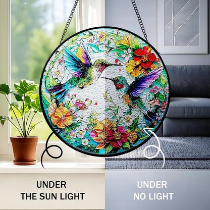Hummingbird Suncatcher Stained Glass Window Hanging | 7.87" Round Sun Catchers Indoor Window Decor Outdoor Garden & Wall | Stain Glass Sun Catcher Gifts for Women & Bird Lovers
