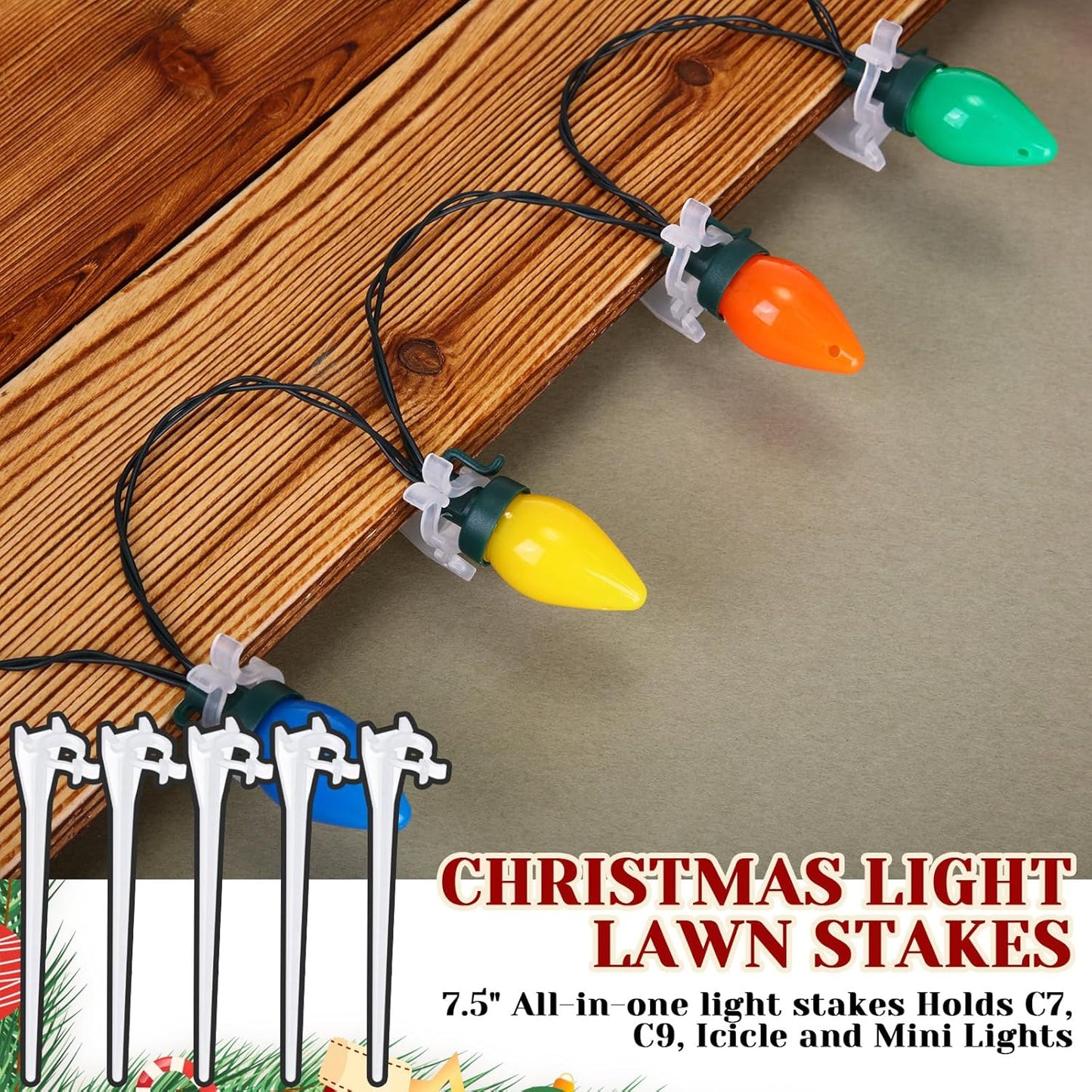 Jetec 120 Pieces Christmas Light Stakes Universal Yard Lawn Holiday 7.5 Inches Light Ground Stakes for C7 C9 String Lights Christmas Outdoor Lights Holders on Yards, Driveways (Clear)