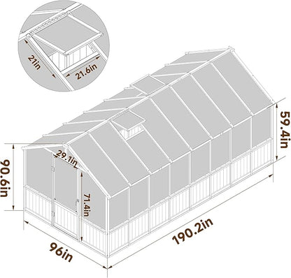 BlueWish 8x16FT Wood Greenhouse, Greenhouses with Cedar Frame, 6MM Thick Polycarbonate Panel, Wooden Green House with Adjustable Vent, Greenhouse for Outdoor, Patio, Garden, Backyard