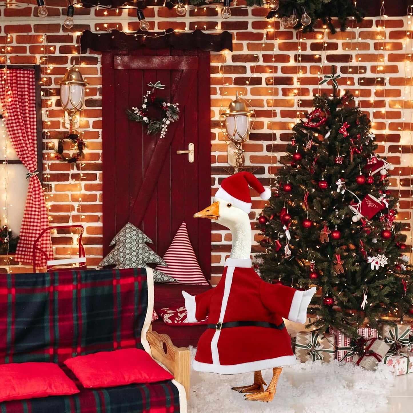 Porch Goose Outfits Christmas, Funny Silly Porch Goose Statue Accessories with Clothes Hat, Yard Lawn Goose Christmas Outfits Clothes for 23" Concrete Porch Geese Xmas Decorations (Red)