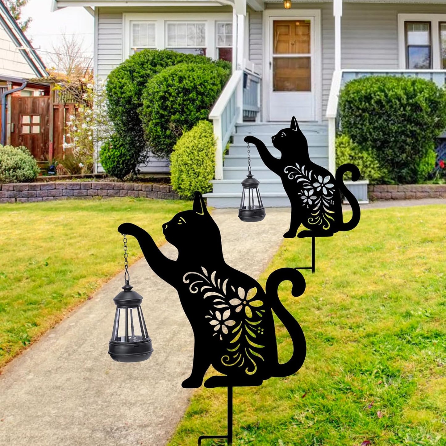Afirst Solar Outdoor Garden Stake Solar Cat Decorative Stake Light with Lantern Decorative Lights Metal Outdoor Ornament for Yard Pathway Lawn Patio Decoration