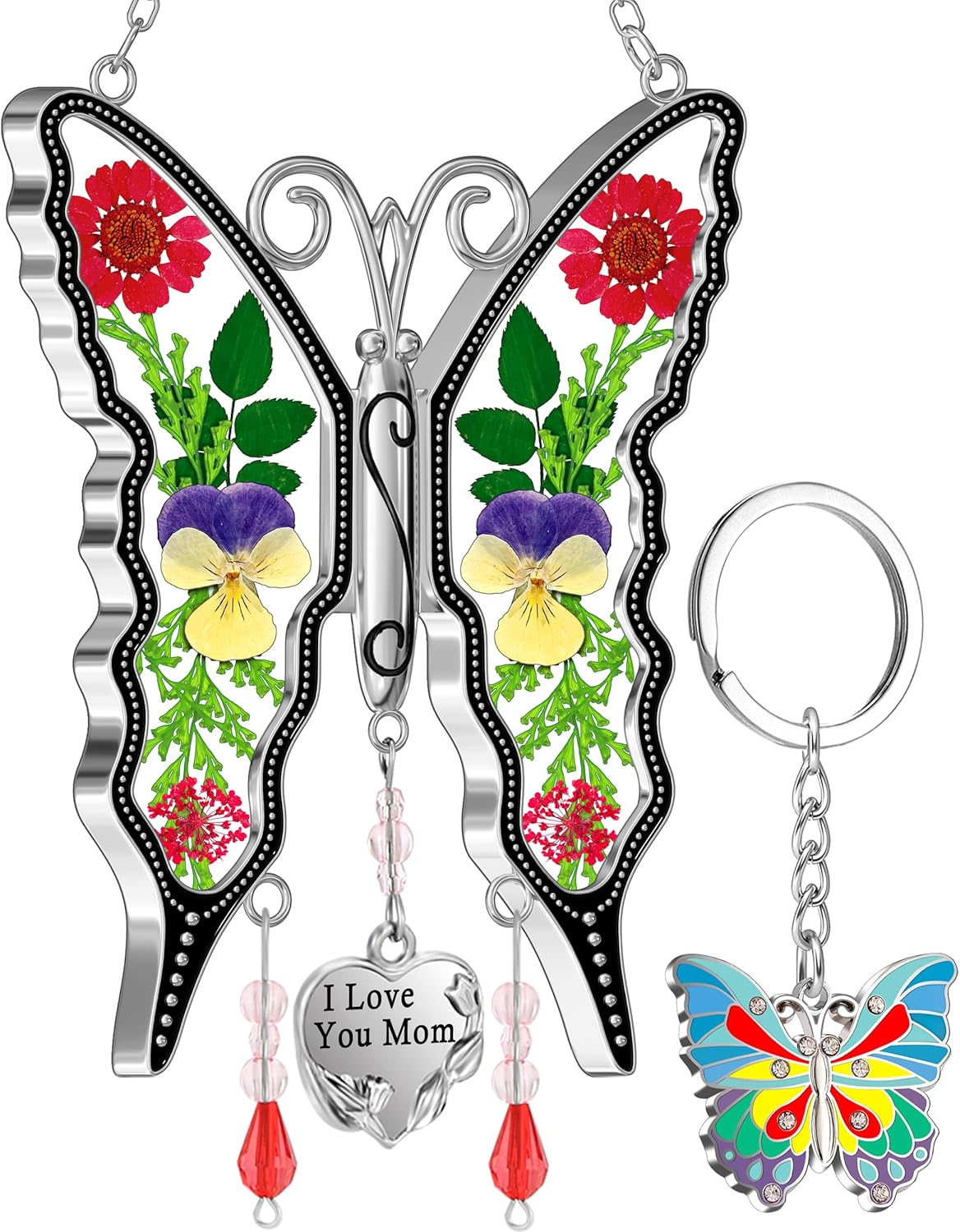 KY&BOSAM Gifts for Mom Suncatcher Butterfly I Love You Mom Stained Glass Sun Catcher Hanging Wind Chime Ornament for Window Pressed Flowers Between Wings with Heart Charm Gift for Women Mother`s Day