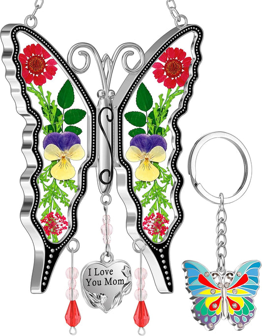 KY&BOSAM Gifts for Mom Suncatcher Butterfly I Love You Mom Stained Glass Sun Catcher Hanging Wind