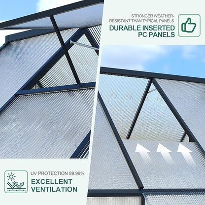 Greenhouse 8x14 FT Aluminum-Framed Heavy Duty Polycarbonate with Quick Setup Structure and Roof Vent Large Enhanced Outdoors Green House Kit