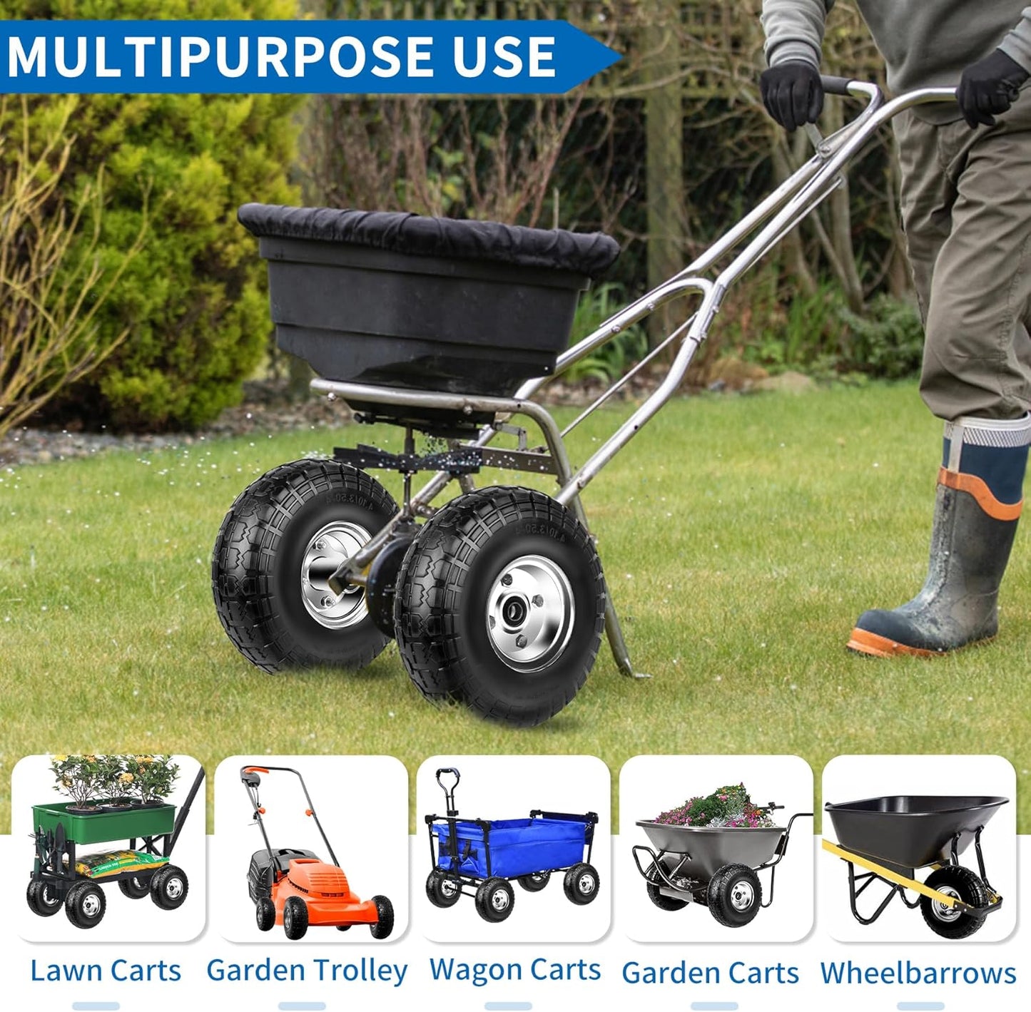 4.10/3.50-4 Tires and Wheels Flat Free 10 Inch Solid Tires Replacement with 5/8" Axle Bore Hole, 8 Spacers 4 Pins, for Cart, Garden Wagon, Wheelbarrow, Hand Truck, Trolley, Lawn Mower, 2P