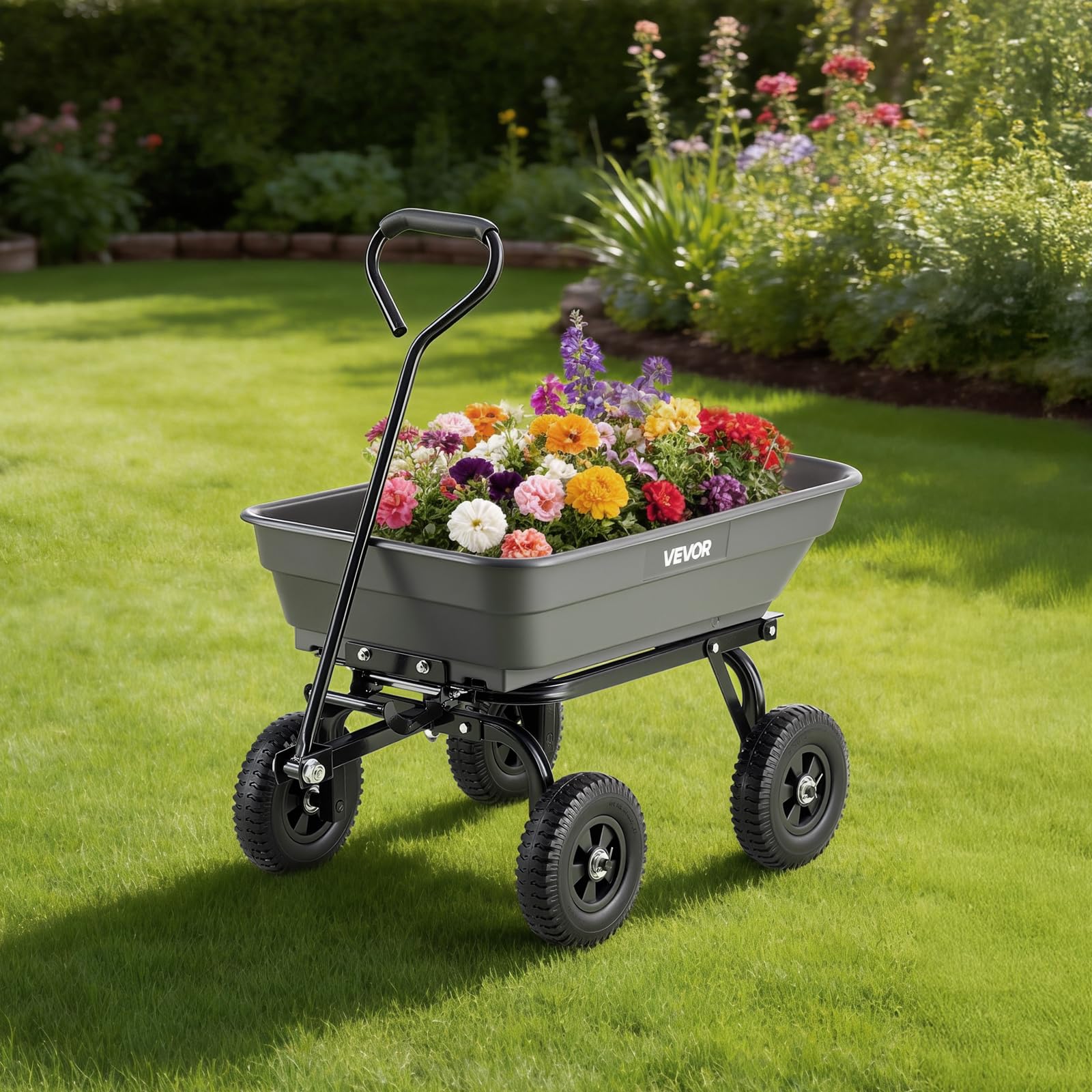 VEVOR 400LBS Wheelbarrow, Poly Garden Dump Cart Wagon with 8" Flat Free Tires, Heavy Duty Wheel