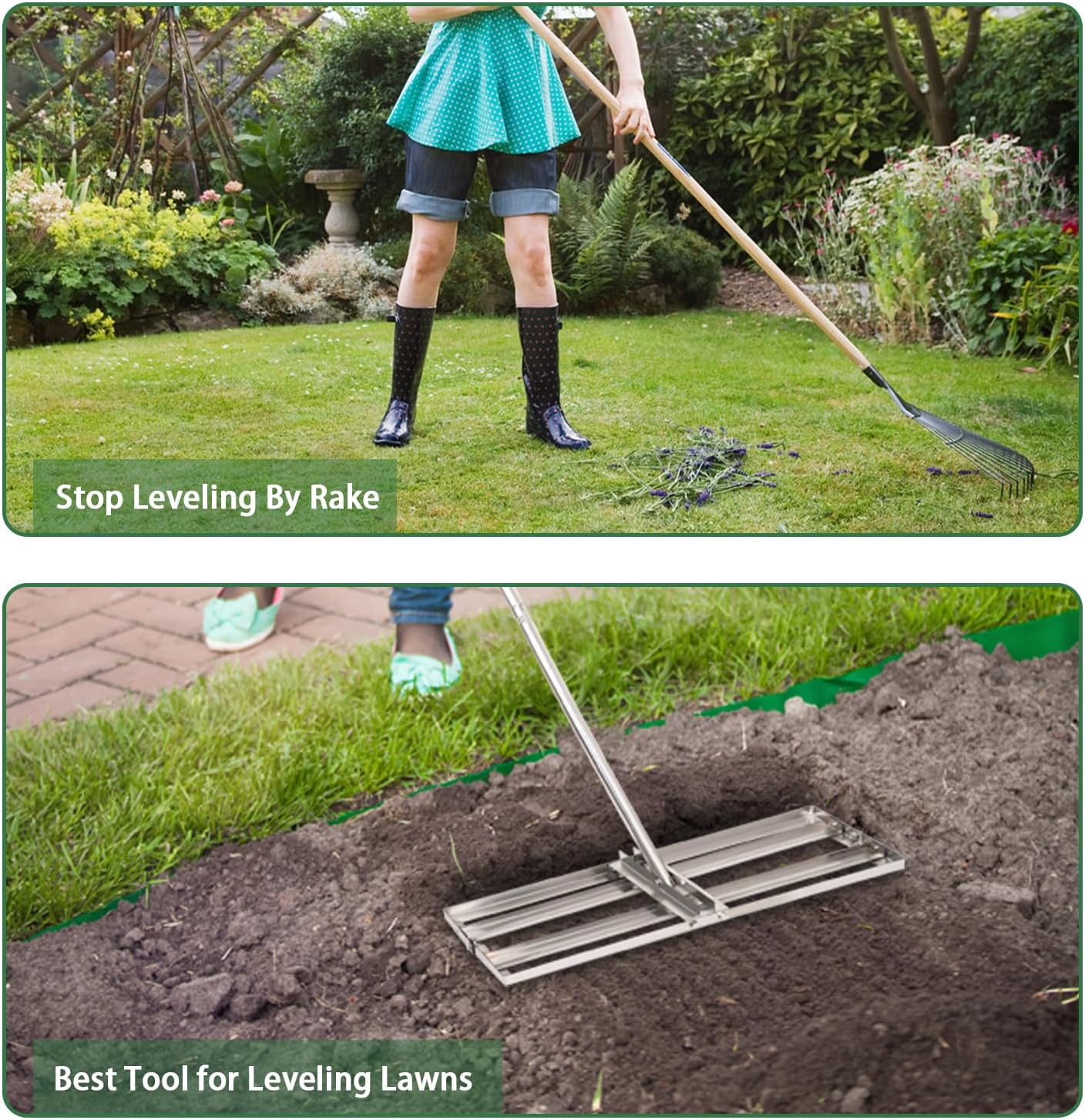 Lawn Leveling Rake - 30'' x 10'' Stainless Steel Lawn Leveler, Heavy Duty Ground Plate Rake for Yard, with Adjustable 72'' Long Handle, Effort Saving Lawn Level Tool for Farm, Garden, Golf Lawn