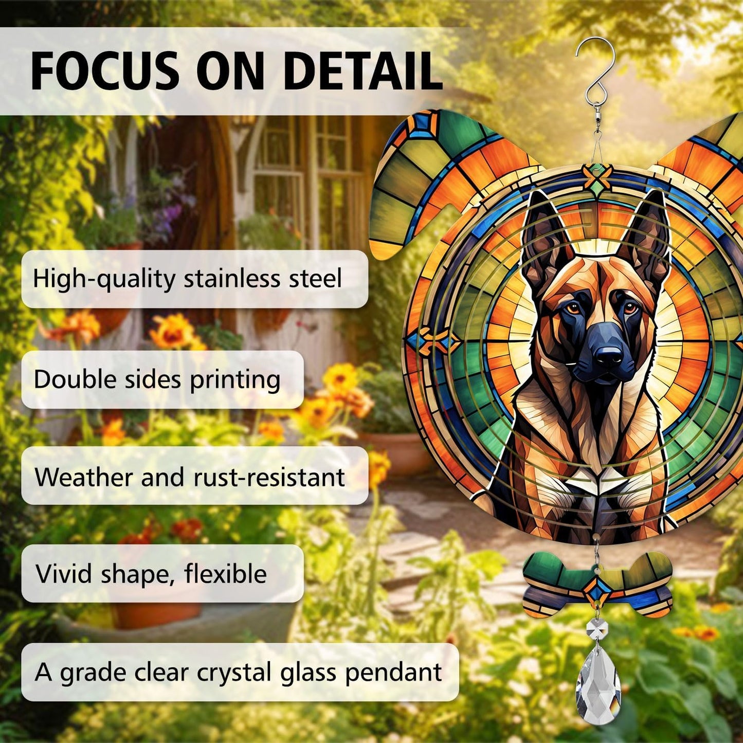 Belgian Malinois Dog Ears Wind Spinner, Belgian Malinois Wind Spinner Hanging for Yard and Garden V02