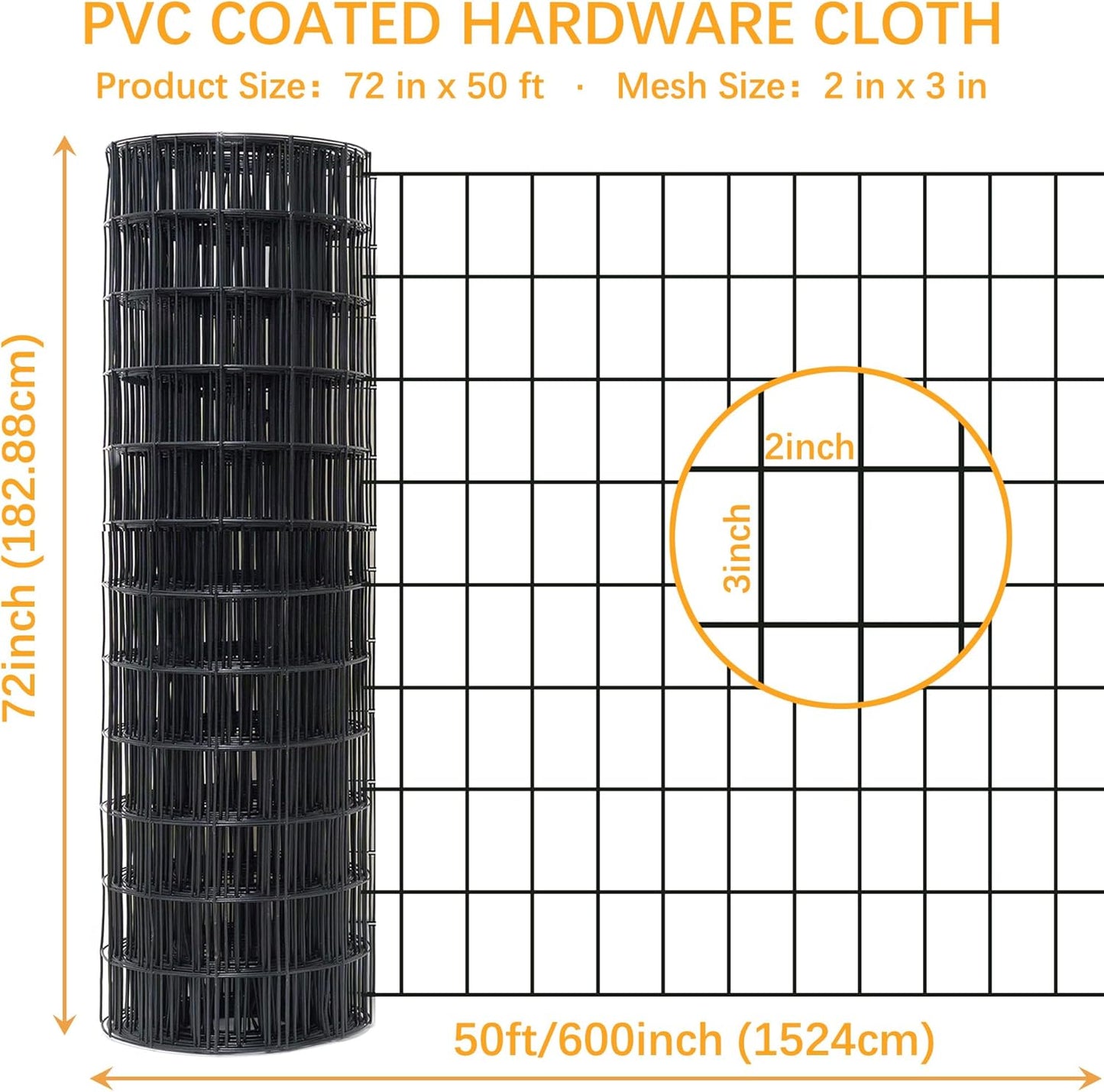 Black Metal Garden Fence, 72inch(H) x 50ft(L), 2 inch x 3 inch,14GA 2/3/4/5/6 Ft Tall Chicken Wire PVC Coated Welded Wire Mesh Roll for Dogs Border Yard Vegetable Plant Protection Poultry Netting