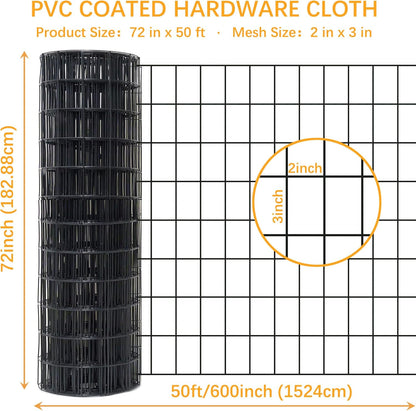 Black Metal Garden Fence, 72inch(H) x 50ft(L), 2 inch x 3 inch,14GA 2/3/4/5/6 Ft Tall Chicken Wire PVC Coated Welded Wire Mesh Roll for Dogs Border Yard Vegetable Plant Protection Poultry Netting