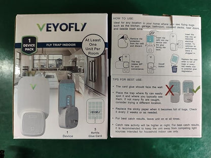 VEYOFLY Fly Trap Indoor, Fruit Fly Traps for Indoors, (1 Device + 3 Refills) Gnat Traps for House Indoor, Fly Catcher Indoor, Plug in Light Flying Insect Trap, Bug Light Killer, Fly Trap