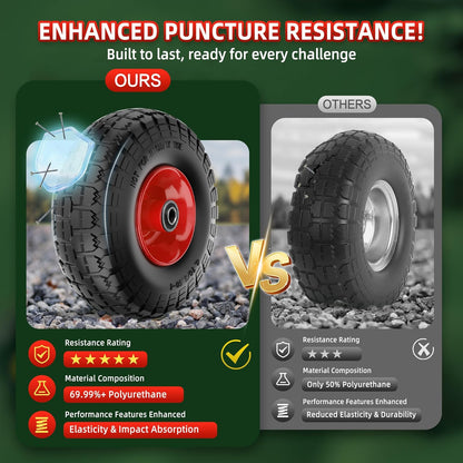 4.10/3.50-4 Tire and Wheel Flat Free,10-Inch Solid Wheel Replacement with 5/8 Bearings,2.2" Offset Hub -Compatible with Hand Truck,Wheelbarrow,Dolly(Red)
