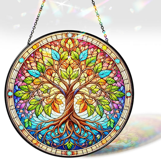 7.8" Tree of Life Suncatcher, Stained Glass Window Hangings Decorations, Tree Sun Catcher Effect, Suncatcher Decor for Home Garden Housewarming, Spiritual Gifts for Men Women Girl ART-13E-SG8